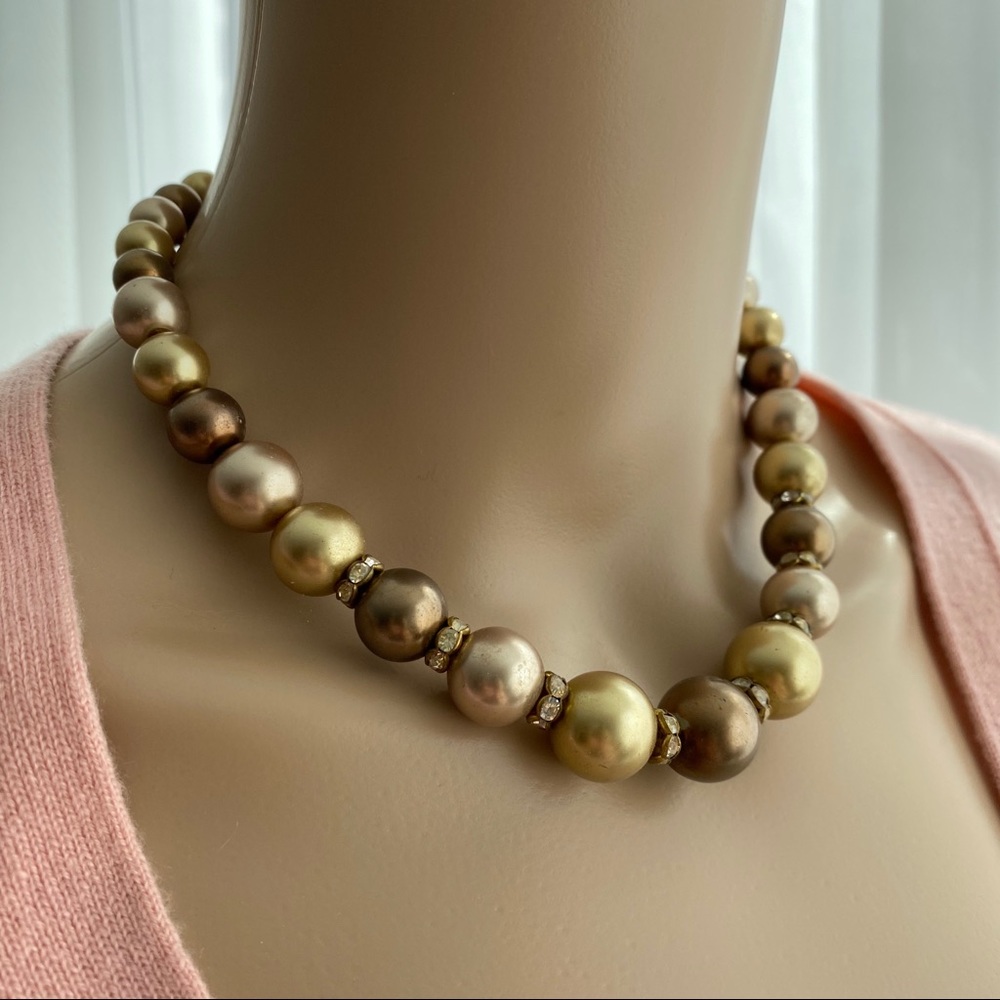 Round Bronze Simulated Pearl Rhinestone Pave Bead Vintage Necklace Adjustable